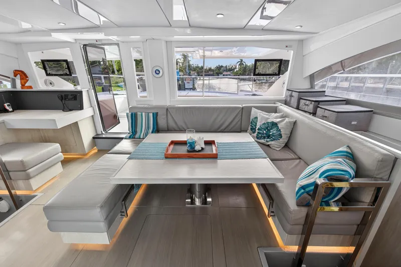 Southern Sky Yacht Photos Pics Luxurious interior of 2018 Leopard 51 Powercat with modern seating and decor.