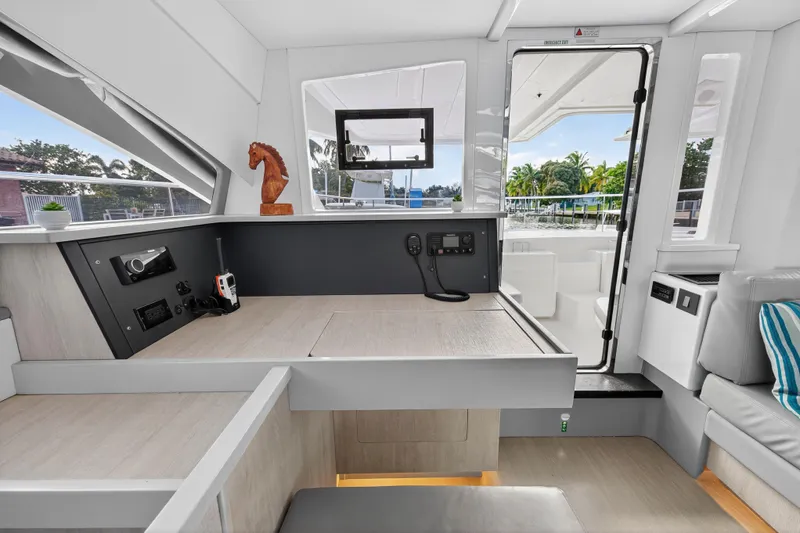 Southern Sky Yacht Photos Pics Interior of 2018 Leopard 51 Powercat yacht with modern design and outdoor view.