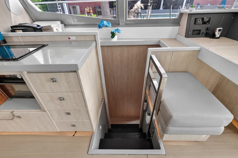 Southern Sky Yacht Photos Pics Interior of 2018 Leopard 51 Powercat featuring modern kitchen and seating area.