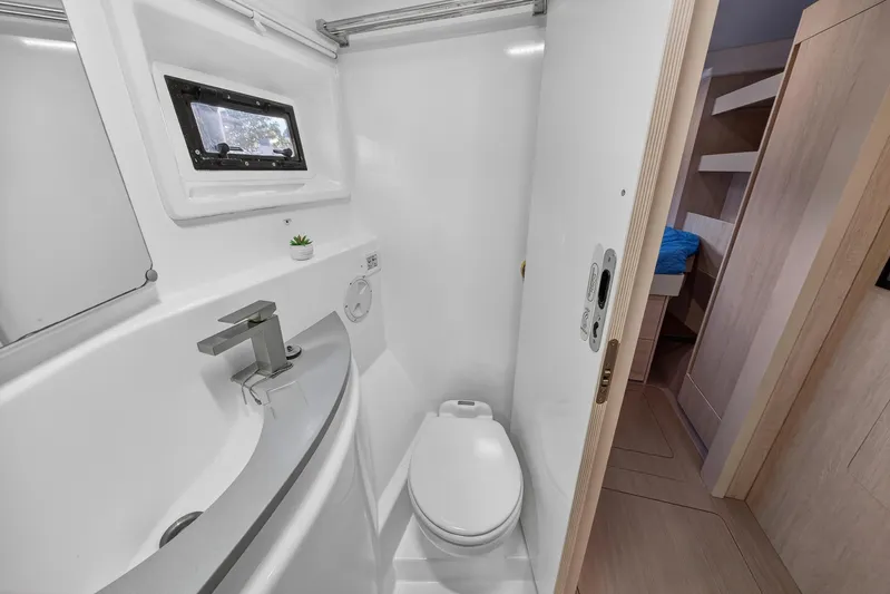 Southern Sky Yacht Photos Pics Modern bathroom in 2018 Leopard 51 Powercat yacht with sleek fixtures and compact design.