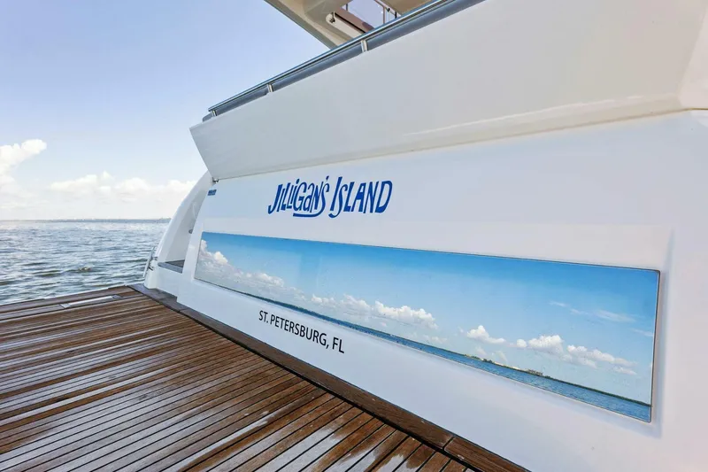 Jilligans Island Yacht Photos Pics Prestige 460 Flybridge yacht, 2023 model, docked in St. Petersburg, FL, with ocean view.
