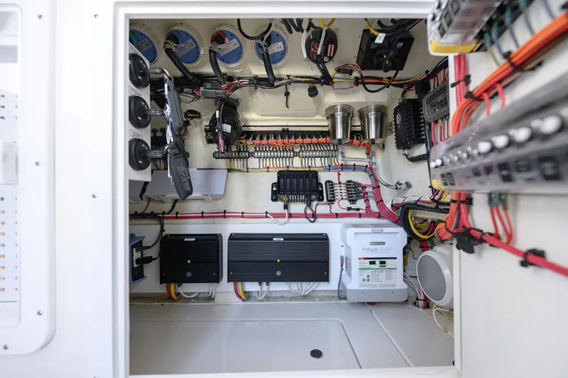  Yacht Photos Pics Electrical system of 2025 SeaVee 370Z boat, showcasing wiring and components.
