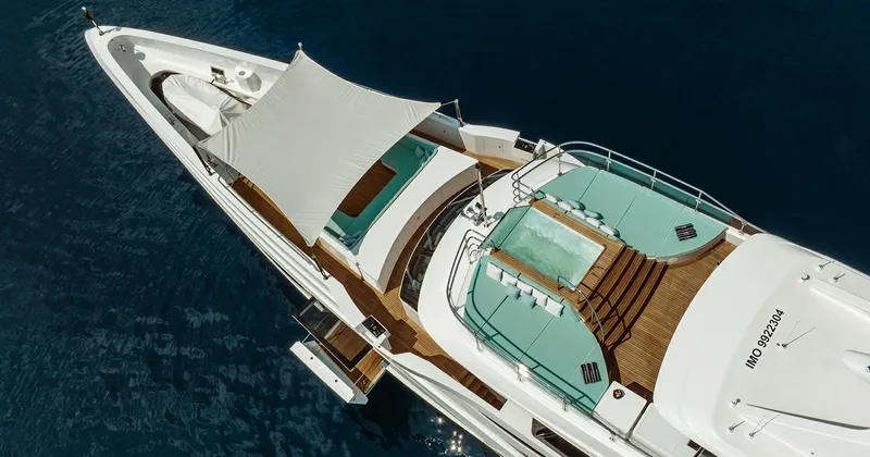  Yacht Photos Pics Luxury Benetti Seagull yacht, 2020 model, aerial view with sun deck and pool.