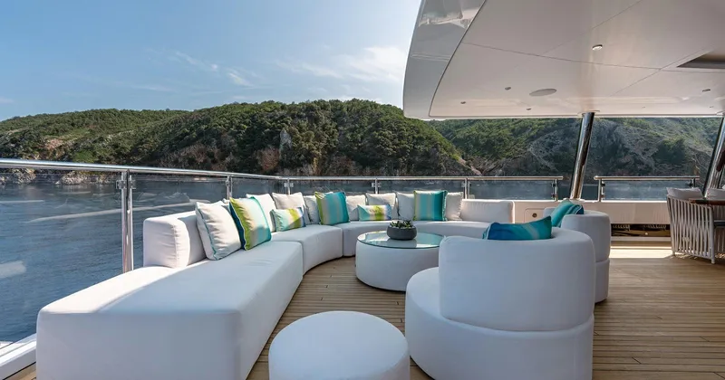  Yacht Photos Pics Luxurious 2020 Benetti Seagull yacht deck with elegant seating and scenic ocean view.
