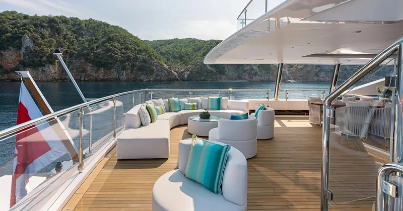 Yacht Photos Pics Luxurious 2020 Benetti Seagull yacht deck with elegant seating and scenic ocean view.