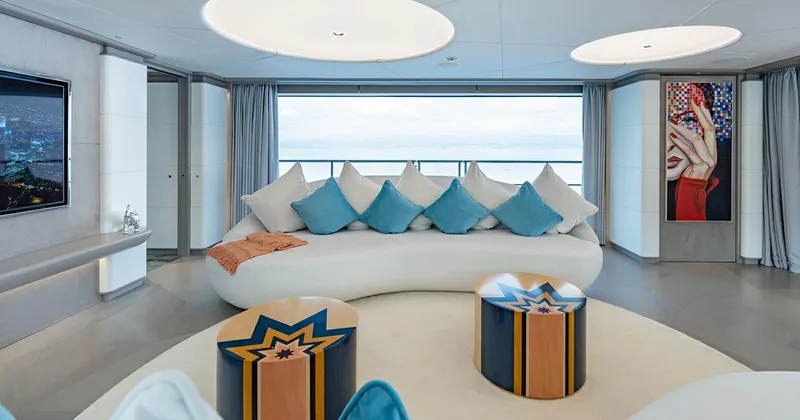  Yacht Photos Pics Luxurious Benetti Seagull 2020 yacht interior with modern decor and ocean view.