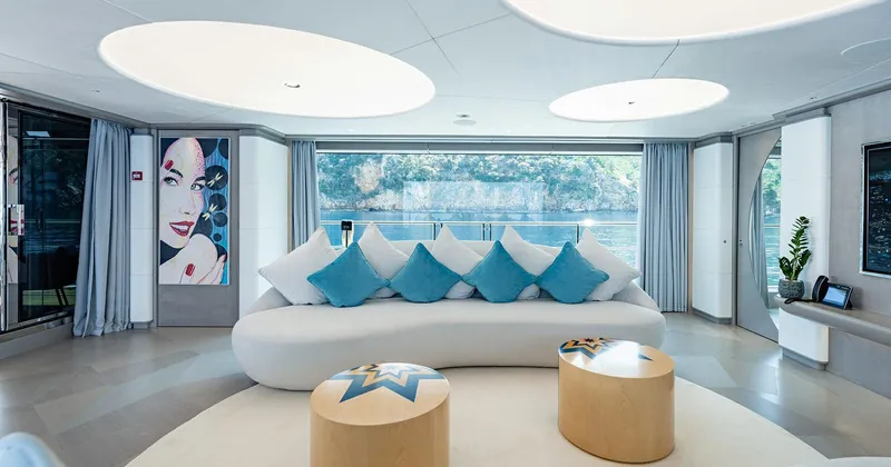  Yacht Photos Pics Luxurious Benetti Seagull 2020 yacht interior with modern decor and large windows.