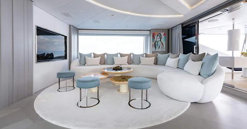  Yacht Photos Pics Luxurious Benetti Seagull 2020 yacht interior with modern seating and elegant decor.