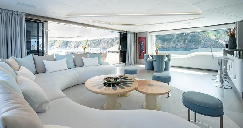  Yacht Photos Pics Luxurious interior of 2020 Benetti Seagull yacht with modern seating and panoramic windows.