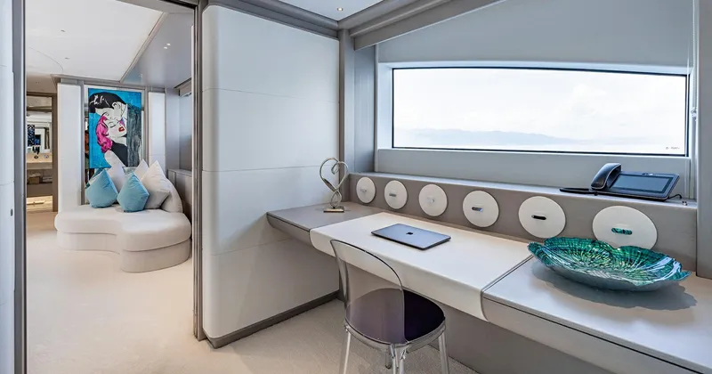  Yacht Photos Pics Luxurious interior of 2020 Benetti Seagull yacht with modern decor and ocean view.