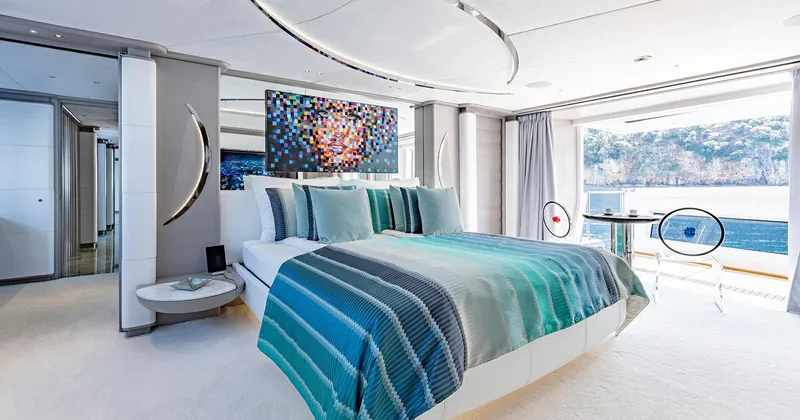  Yacht Photos Pics Luxurious Benetti Seagull 2020 yacht bedroom with modern decor and ocean view.