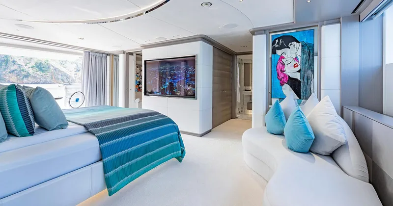  Yacht Photos Pics Luxurious Benetti Seagull 2020 yacht bedroom with modern decor and vibrant artwork.