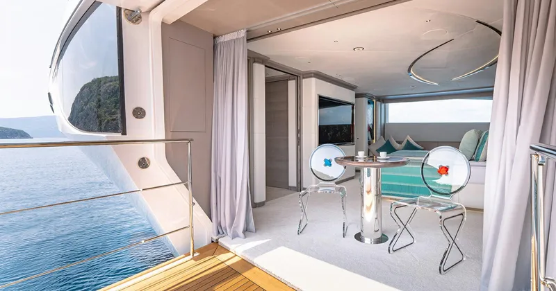  Yacht Photos Pics Luxurious Benetti Seagull 2020 yacht interior with ocean view, modern decor, and elegant seating.