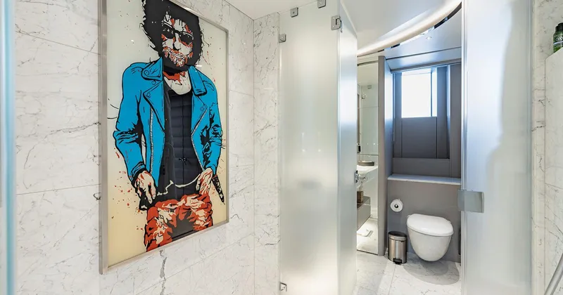  Yacht Photos Pics Modern bathroom on 2020 Benetti Seagull yacht with stylish artwork and marble walls.