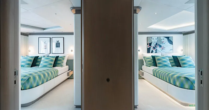  Yacht Photos Pics Luxurious Benetti Seagull 2020 yacht interior with twin bedrooms and modern decor.