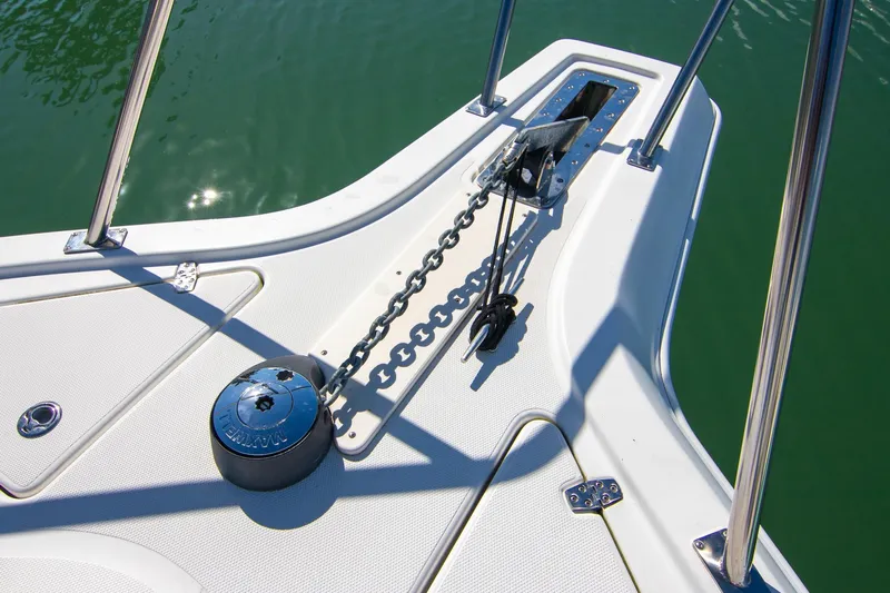 Lilli Ann Yacht Photos Pics Bow of 2001 Rampage 38 Express boat with anchor chain and winch.