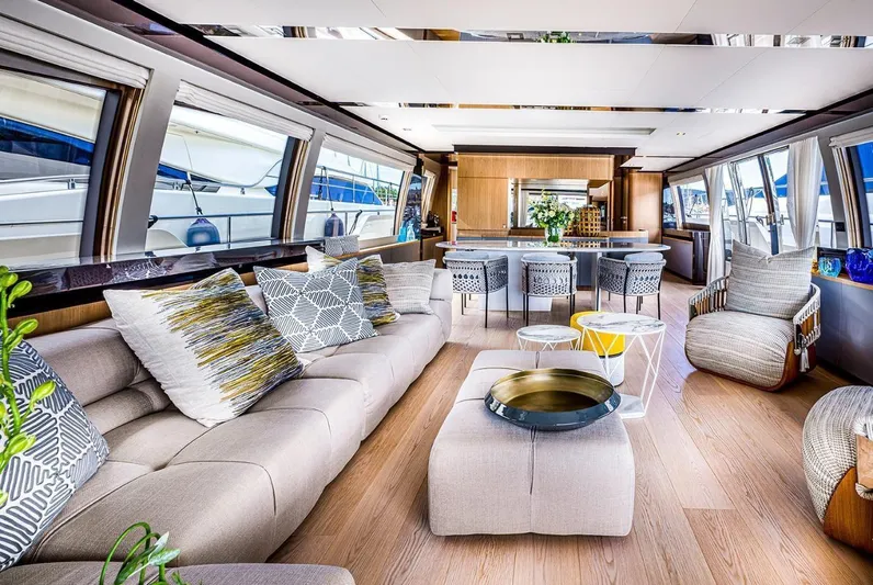  Yacht Photos Pics Luxurious interior of 2020 Ferretti Yachts 960 with modern decor and spacious seating.