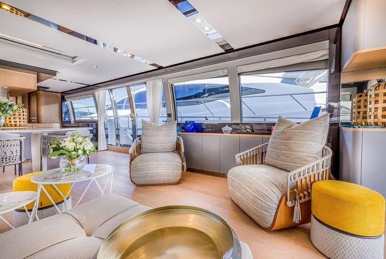  Yacht Photos Pics Luxurious interior of 2020 Ferretti Yachts 960 with modern seating and elegant decor.