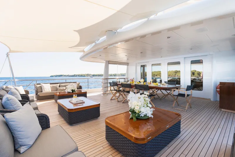 Were Dreams Yacht Photos Pics Luxurious 2008 Amels 171 Limited Edition yacht deck with elegant seating and dining area.