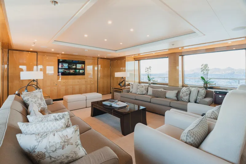 Were Dreams Yacht Photos Pics Luxurious interior of 2008 Amels 171 Limited Edition yacht with elegant seating and ocean views.