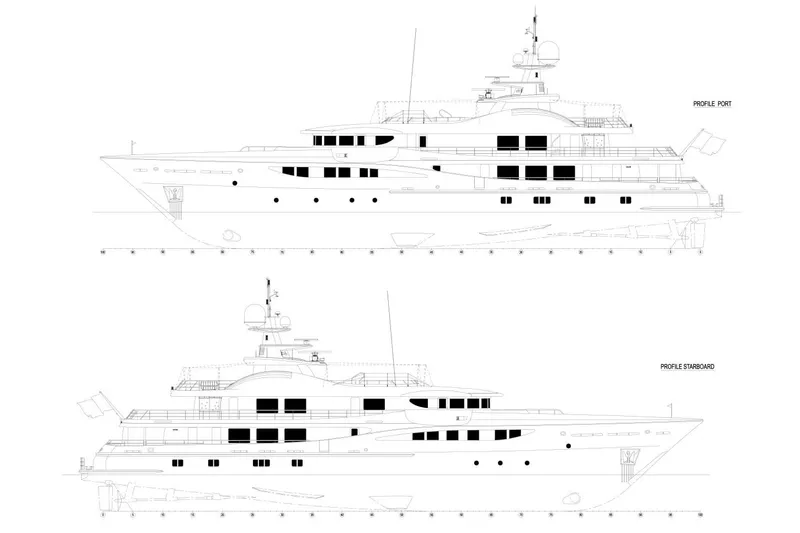 Were Dreams Yacht Photos Pics Blueprint of 2008 Amels 171 Limited Edition yacht, showing port and starboard profiles.
