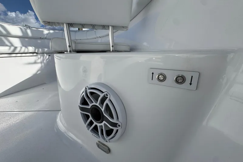  Yacht Photos Pics 2025 Sportsman Open 302 Center Console boat interior with speaker and control buttons.