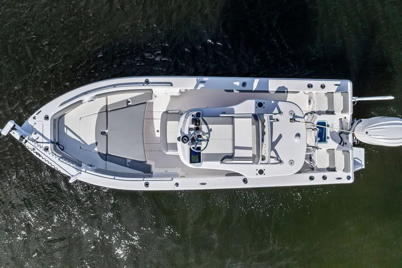  Yacht Photos Pics Overhead view of 2023 Everglades 243 Center Console boat on water.