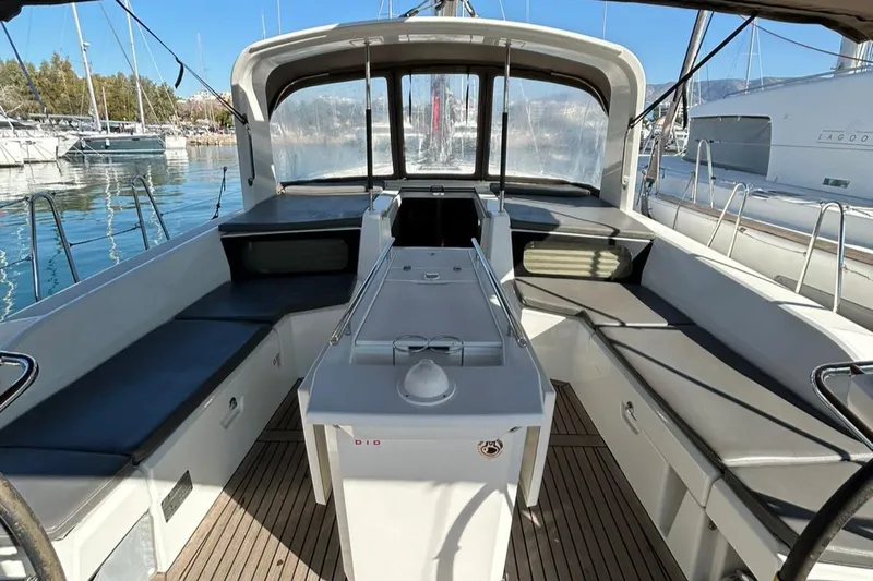 Blue Satellite Yacht Photos Pics Beneteau Oceanis 46.1 cockpit, 2019 model, featuring spacious seating and modern design.