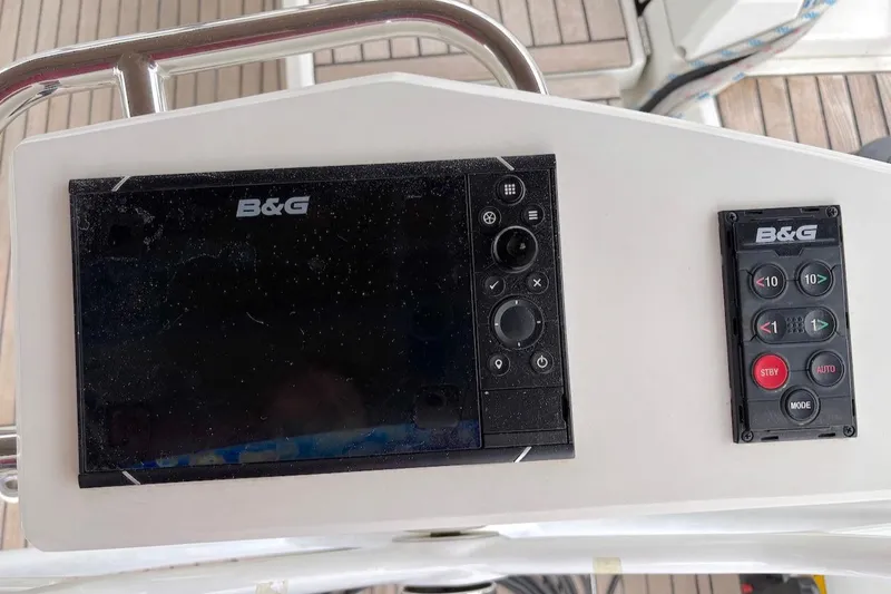 Blue Satellite Yacht Photos Pics B&G navigation system on 2019 Beneteau Oceanis 46.1 yacht dashboard.