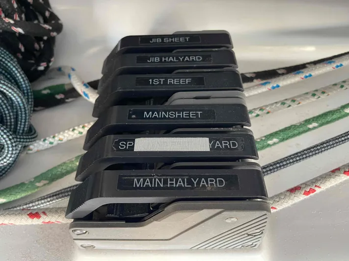 Galileo Yacht Photos Pics Sailing control lines on a 2000 Manta 42 Catamaran, labeled for easy identification.