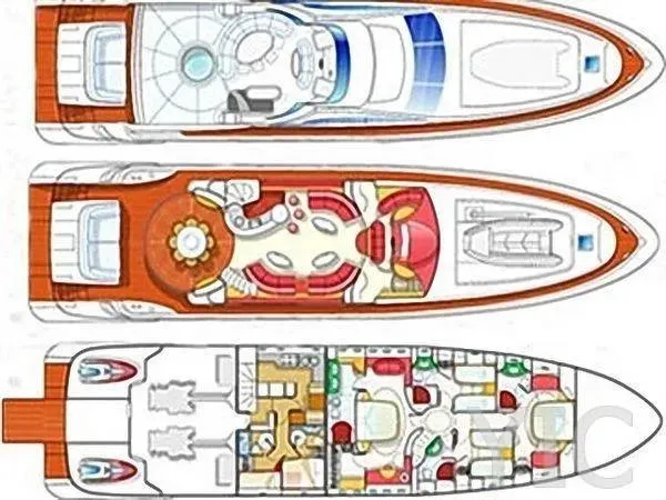  Yacht Photos Pics Deck layout of 2003 Azimut 98 Leonardo yacht, showcasing interior and exterior design.