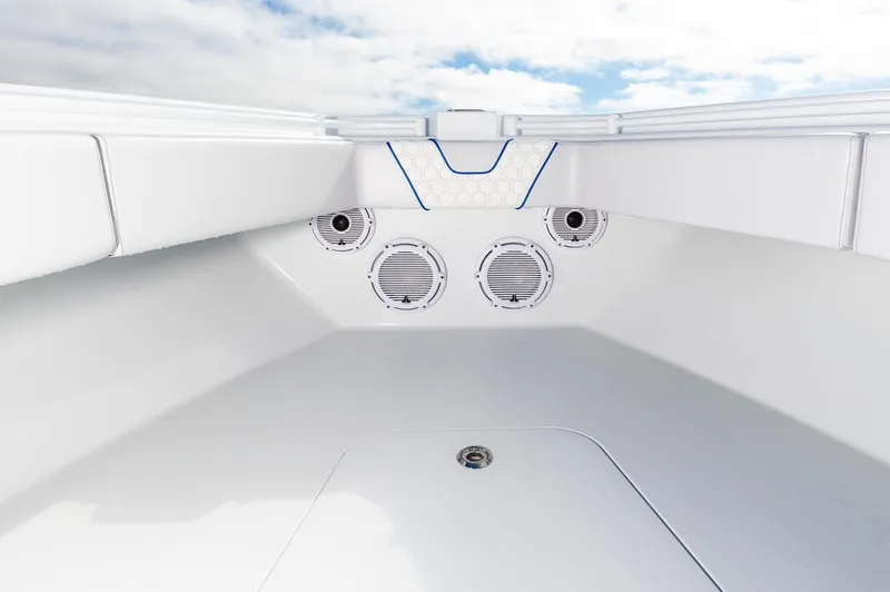 Fin Print Yacht Photos Pics 2023 Contender 44FA 44ST boat interior with speakers and sleek white design.