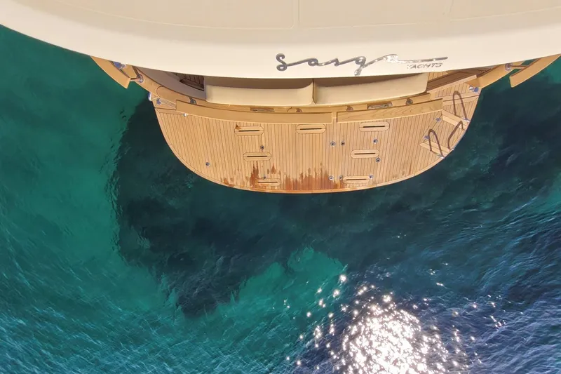 Yacht Photos Pics Aerial view of 2026 Sasga Yachts 55 stern over clear blue water.