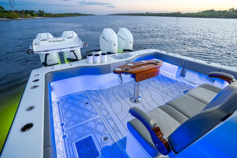  Yacht Photos Pics Luxurious 2025 Freeman 43 boat interior with LED lighting and dual Mercury engines.