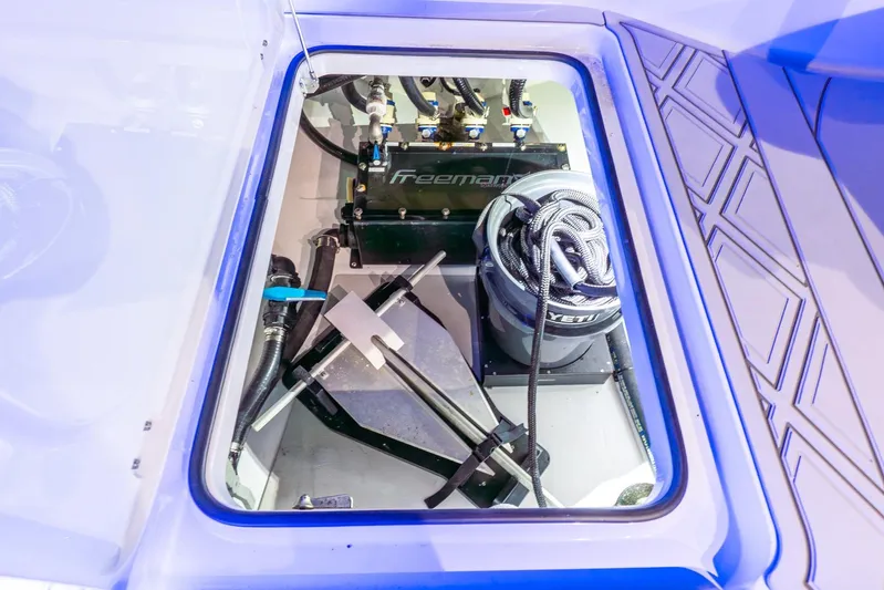  Yacht Photos Pics Freeman 43 boat storage compartment with equipment and Yeti bucket, 2025 model.