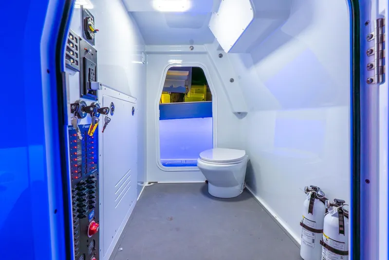  Yacht Photos Pics Interior of a 2025 Freeman 43 boat featuring a modern bathroom setup.