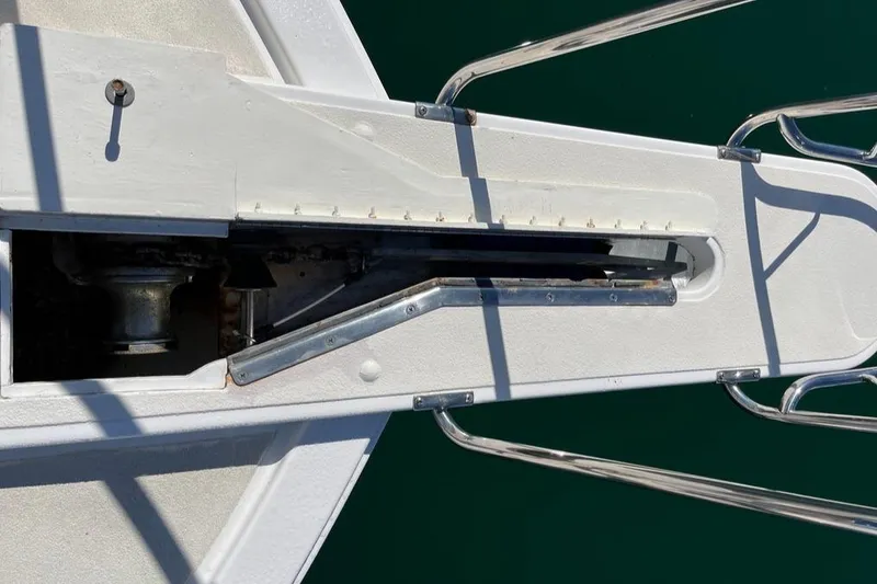  Yacht Photos Pics Bow of a 1993 Radovich 34 boat with anchor mechanism.