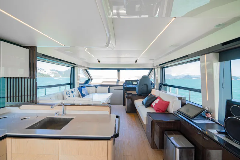  Yacht Photos Pics Luxurious interior of 2022 Absolute 56 FLY yacht with modern design and ocean views.