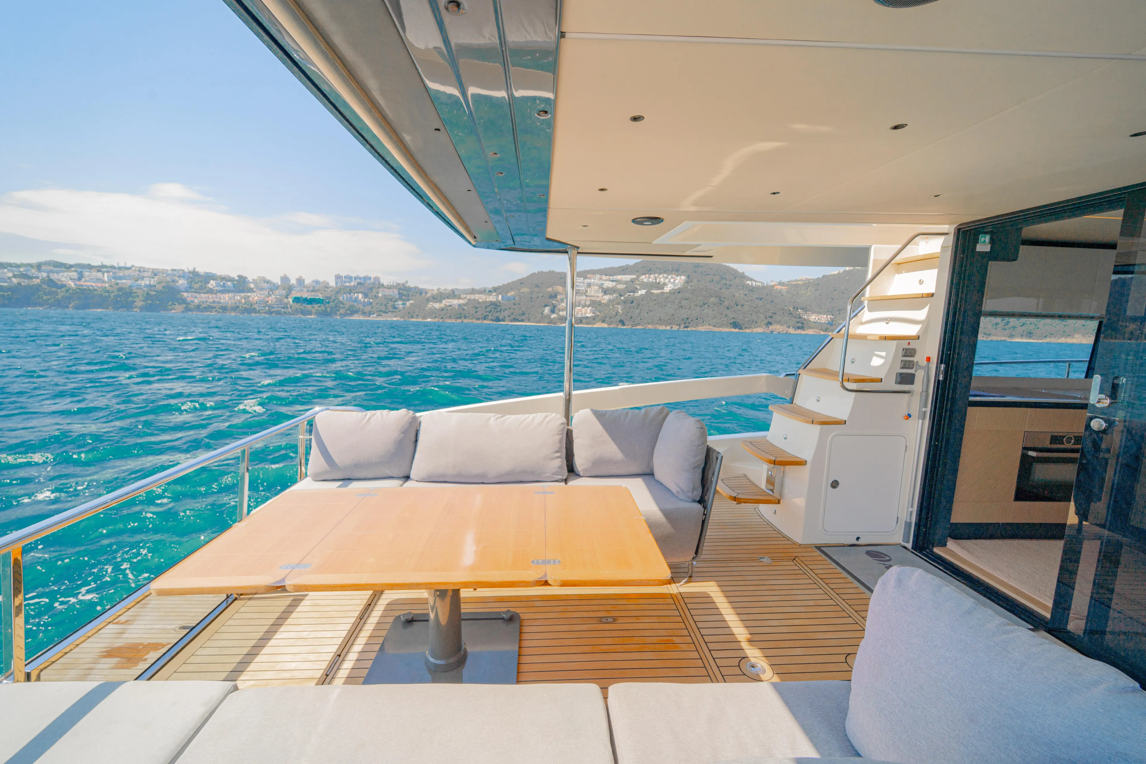  Yacht Photos Pics Luxury Absolute 56 FLY yacht deck with ocean view, 2022 model.