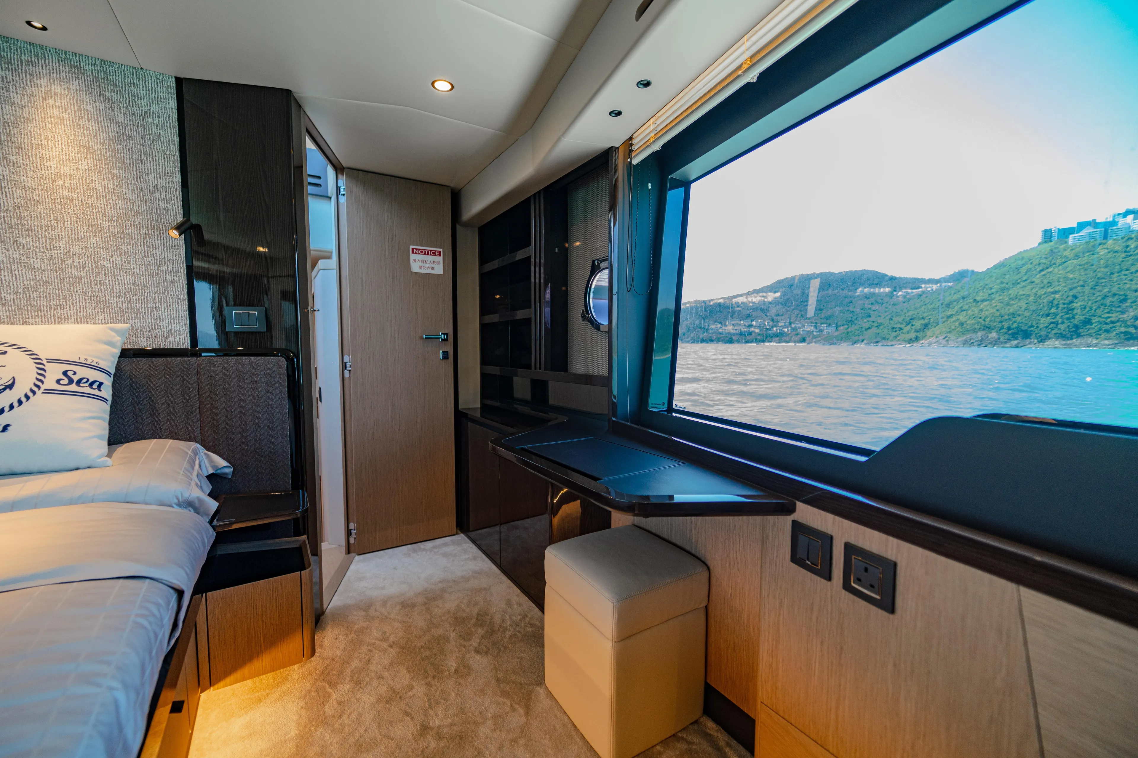  Yacht Photos Pics Luxurious interior of 2022 Absolute 56 FLY yacht with scenic ocean view.