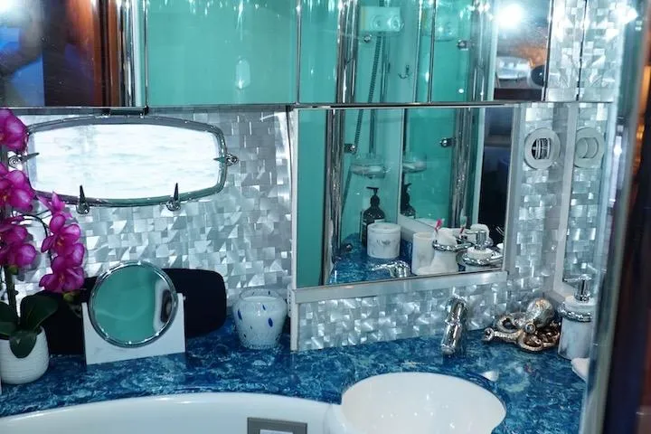  Yacht Photos Pics Luxurious bathroom in 2009 Fairline 52 Targa yacht with elegant decor and modern fixtures.