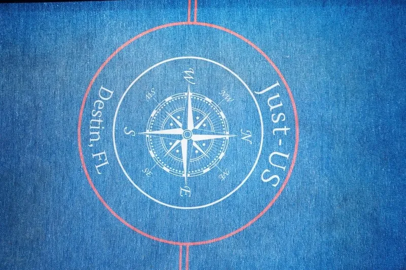  Yacht Photos Pics Blue compass design with "Destin, FL" and "Just-Us" text, Fairline 52 Targa 2009.