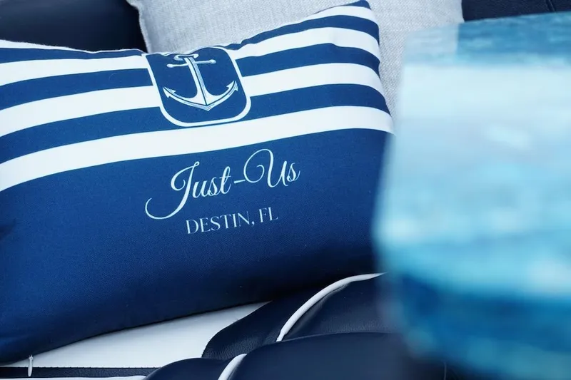  Yacht Photos Pics Nautical-themed pillow on Fairline 52 Targa, 2009, with "Just-Us" text, Destin, FL.