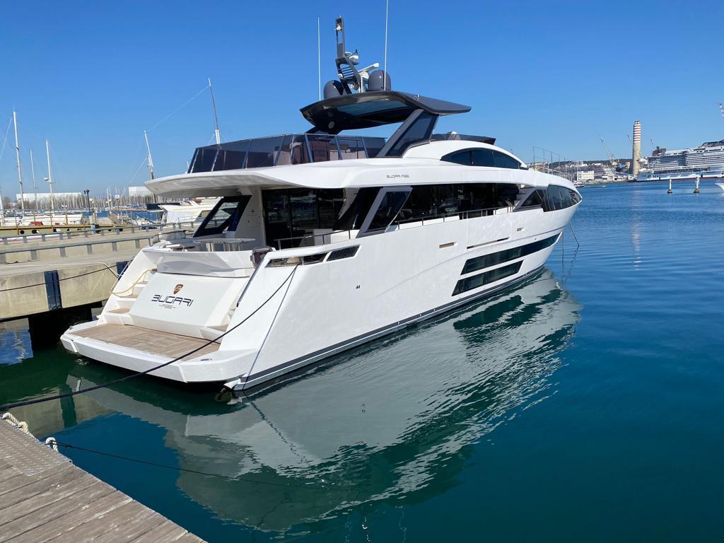 2021 Bugari F86 luxury yacht docked at marina.