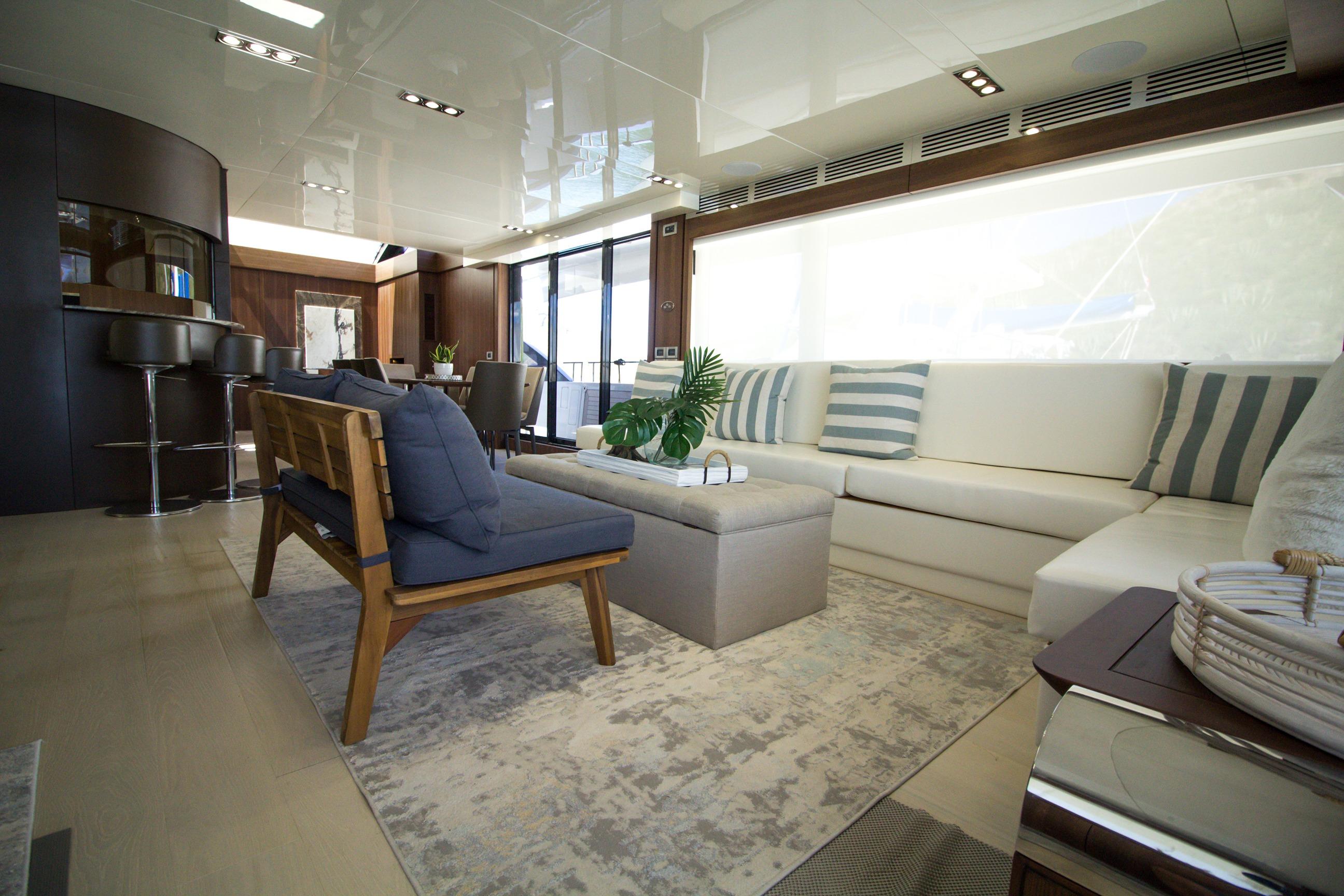 Luxurious interior of 2021 Bugari F86 yacht with modern furnishings and elegant decor.