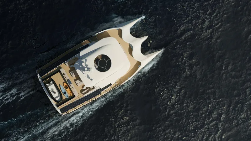 Deo Juvante Yachts Yacht Photos Pics Aerial view of 2026 Deo Juvante C24 yacht cruising through dark ocean waters.