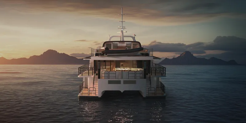 Deo Juvante Yachts Yacht Photos Pics Luxurious 2026 Deo Juvante C24 yacht at sunset, serene ocean backdrop.