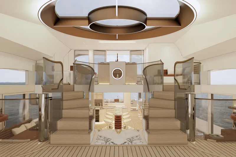 Deo Juvante Yachts Yacht Photos Pics Luxurious interior of 2026 Deo Juvante C24 yacht with elegant staircase and modern design.