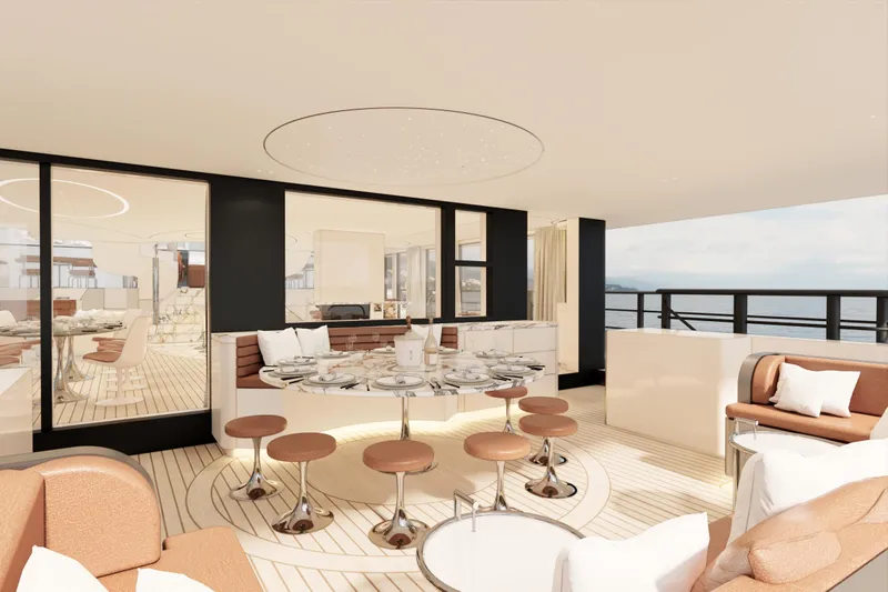 Deo Juvante Yachts Yacht Photos Pics Luxurious interior of 2026 Deo Juvante C24 yacht with modern seating and ocean view.