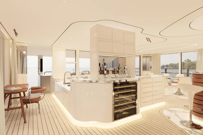 Deo Juvante Yachts Yacht Photos Pics Luxurious interior of 2026 Deo Juvante C24 yacht with modern bar and elegant seating.